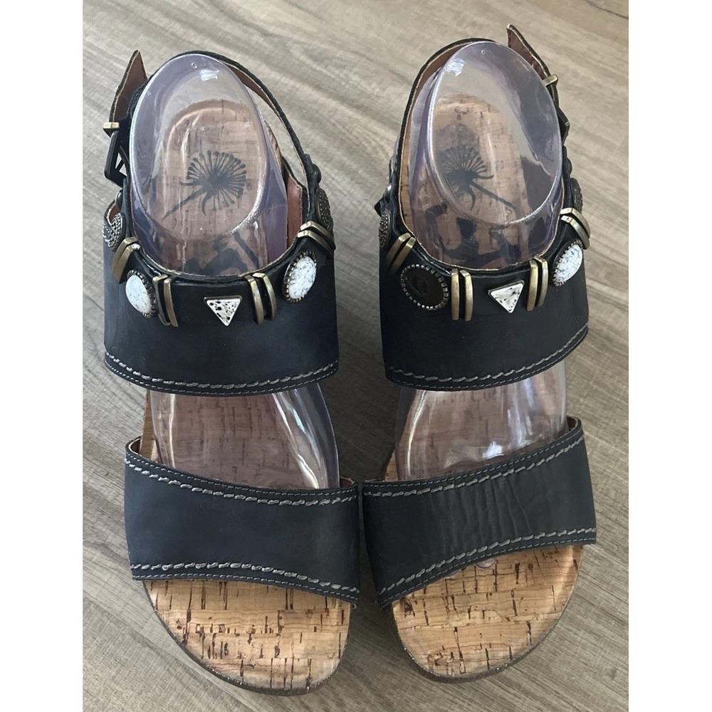 OTBT Layover Black Leather Platform Wedge Sandals  Sz 10 M Boho Brass Rhinestone